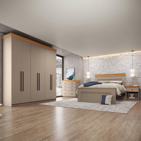 Conjunto para Quarto de Casal Completo England Moderno em MDF Corda/Freijó