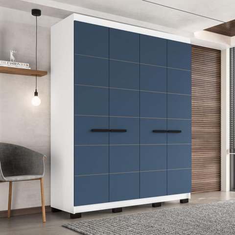 Roupeiro Solteiro Lisboa 4 Portas 4 Gavetas 161x214cm Branco/Azul 240842