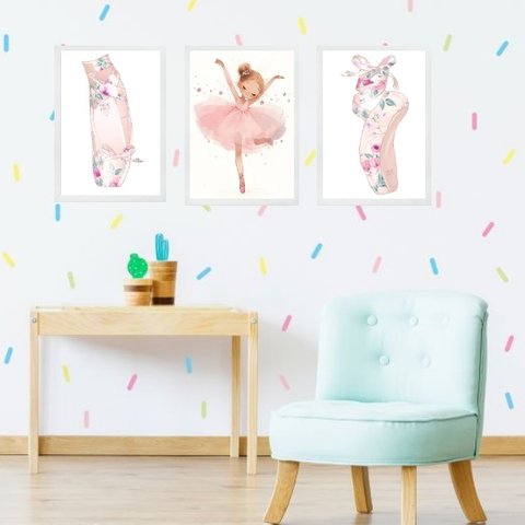 Kit 3 Quadros Infantis Bailarina Floral 45x34cm - com Vidro:madeira Preta