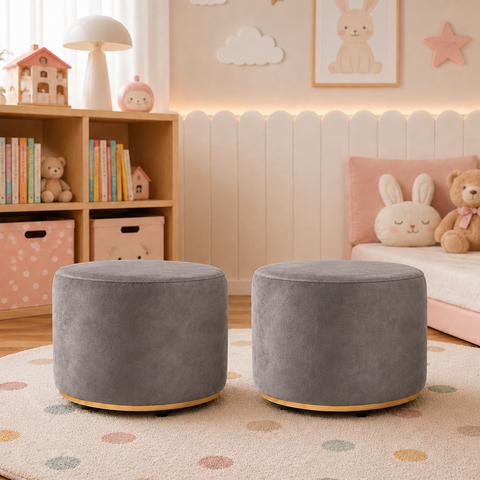 Kit 2 Puff Infantil Premium - Banquinho Redondo Estofado para Quarto, Sala Pés Anti-Umidade Cinza
