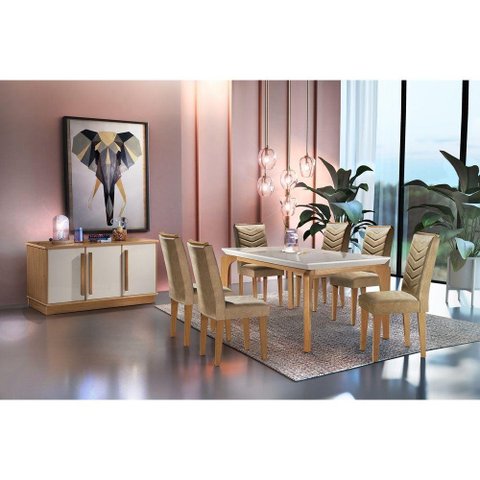 Conjunto Sala de Jantar Liz Tampo Vidro 6 Cadeiras