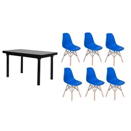Kit Mesa de Jantar França 160x80 Preta 6 Cadeiras Azul - 1