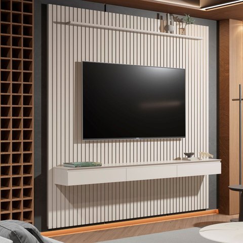 Painel 100% MDF para TV 75 Polegadas 240cmx247,1cm Ripado com Rack Suspenso 3 Gavetas Arbo