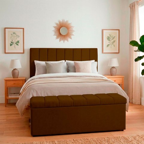 Kit Cabeceira Mais Calçadeira com Bau Eros Casal 140 cm para Cama Box Suede Marrom Biselos-Decor