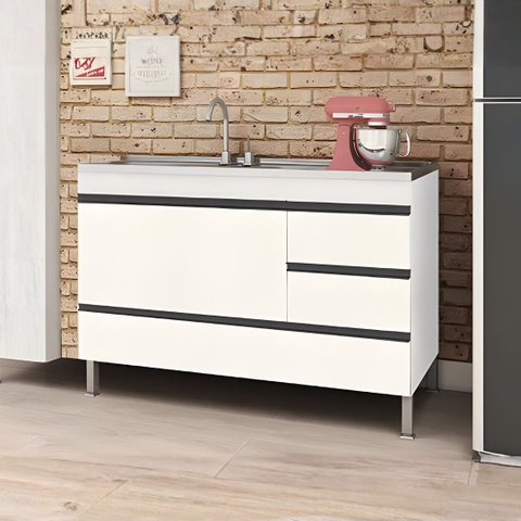Gabinete Cozinha 3 Gavetas e 1 Porta Armário 114cm Multiuso: Branco