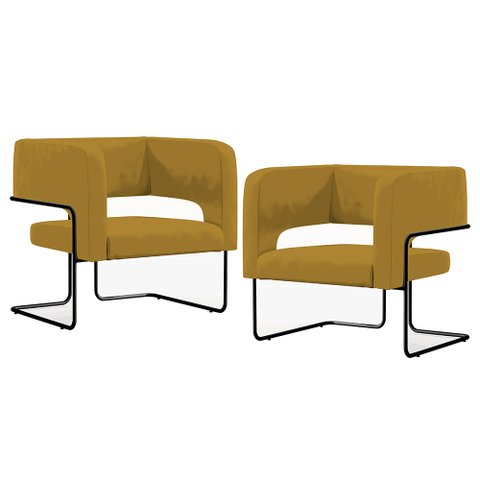 Kit 02 Poltronas Decorativas Scarlett D02 Base de Aço Preto Veludo Mostarda B-260 - Lyam Decor