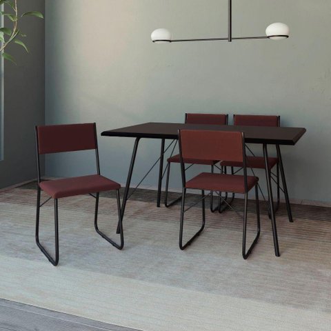 Mesa Jantar Paraty 120cm Tampo Preto com 4 Cadeiras Angra Estofadas Preta e Marrom Preto