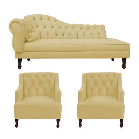 Kit Divã Cancun 185cm Braço Direito + 2 Poltronas Genesis com Strass Suede: Amarelo