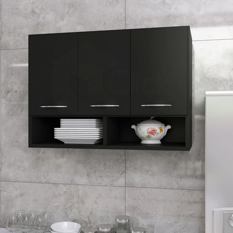 Balcão Aéreo 3 Portas 2 Nichos p/ Utensílios Multiuso Quarto ClickForte Armário Multiuso Preto