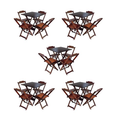 Kit 5 Conjuntos De Mesa Dobravel Com 4 Cadeiras De Madeira 70X70 Para Restaurante E Bar - Imbuia