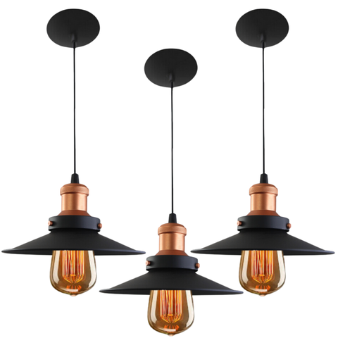 Lustre Pendente Nordic 22 cm Preto C/Cobre  Retrô Vintage