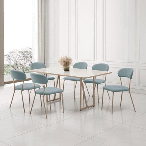 Conjunto Sala de Jantar com 6 Cadeiras Betina Bege/Champagne/Verde Claro/Off White