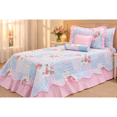 Kit 3 Pçs Cobre Leito Colcha Solteiro Belize com Babados:Patchwork Rosa