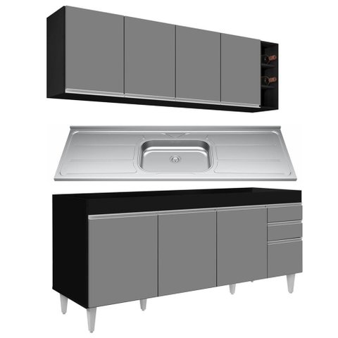 Armário Aéreo Nevada e Balcão Gabinete 180cm com Pia Dallas Preto-cinza - Lumil