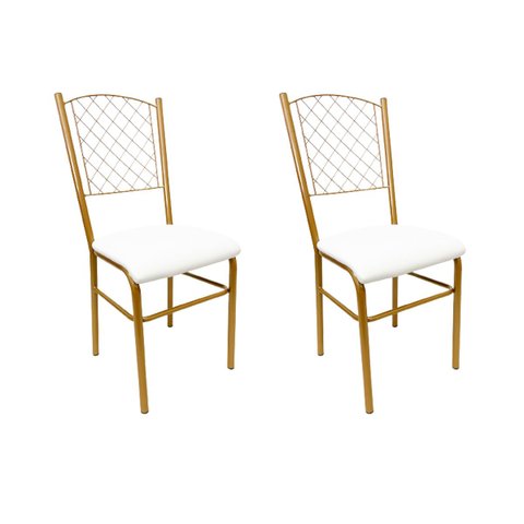 2 Cadeiras para Cozinha reforçada cor Dourado Fosco assento branco encosto de grade Poltronas do Sul