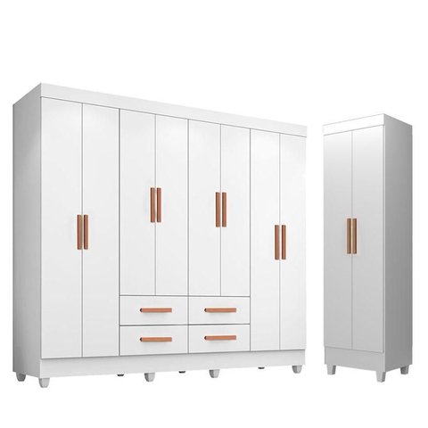 Guarda Roupa Casal Porto 8 Portas e Armário Multiuso Lite Branco Brilho – Móveis Leão