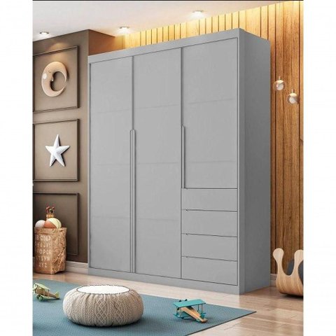 Guarda Roupa Infantil Pérola 3 Portas 4 Gavetas MDF Cinza Phoenix Baby 165cm