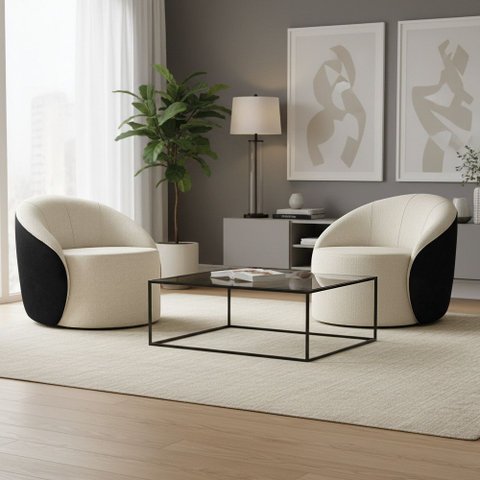 Poltrona Sala Orgânica Kit 2 Lua Fixa Sintético Pu Preto/linho D03 - D’Rossi