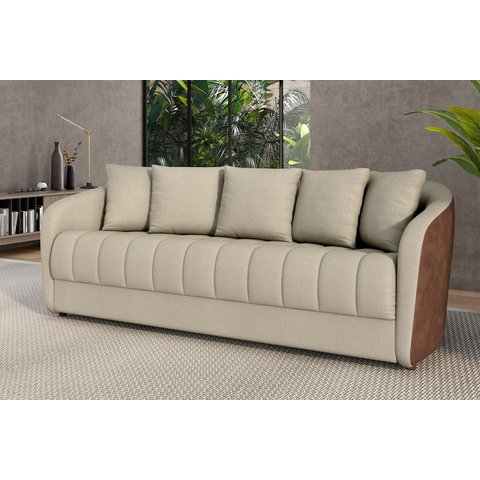 Sofá Living 220cm Linho Bege Caramelo 4 Lugares com 5 Almofadas Abba