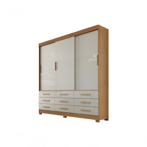 Guarda Roupa Solteiro Buriti 3 Portas Correr 9 Gavetas MDP Cumaru e Fendi Rei de Casa 180cm