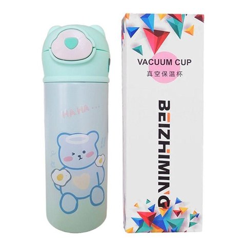 Garrafa Térmica Infantil Verde 420ml com Tampa de Ursinho e Canudo para Bebidas Quentes e Frias