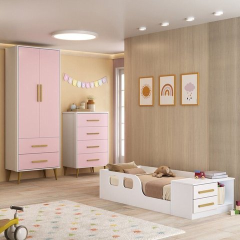 Quarto Infantil Completo com Guarda-Roupa, Cômoda e Cama Magia Espresso Móveis Rosa/Branco