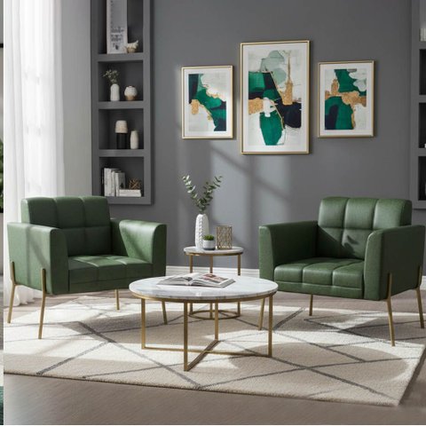 Poltrona Sala Decorativa Kit 2 Elisa Pé Aço Lateral Dourado Sintético Pu Verde D03 - D’Rossi
