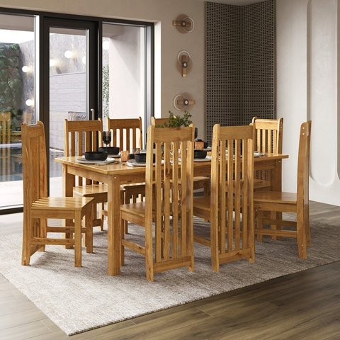 Conjunto com Mesa de Jantar 180cm Retangular e 8 Cadeiras 100% Madeira Maciça Nimes Espresso Móveis Marrom/Nogueira