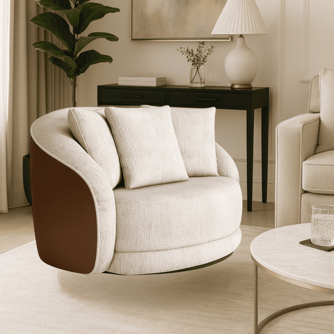 Poltrona Moderna P/ Sala 122cm Base Giratória Luxo Estofada Linho Cinza Courino Marrom C/ Almofadas