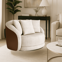 Ver imagem 1 de Poltrona Moderna P/ Sala 122cm Base Giratória Luxo Estofada Linho Cinza Courino Marrom C/ Almofadas
