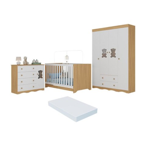 Quarto de Bebê Completo C/ Berço Americano 3 em 1 Colchão Doçura Multimóveis Mp4662 Madeirado/