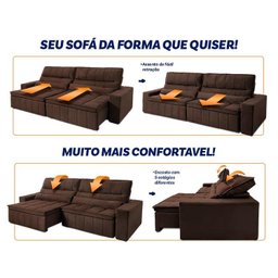 Sofá Retrátil Reclinável Supremo 3,00m Suede Velut Marrom Molas no Assento - King House - 4