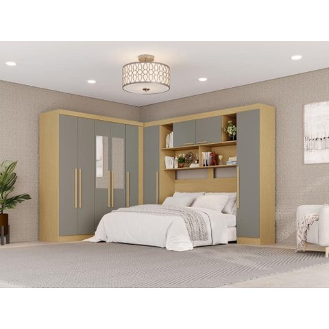 Guarda-Roupa Casal Modulado de Canto com Espelhos 9 Portas 2 Gavetas Multimóveis Madeirado/Cinza