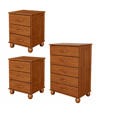 Conjunto 2 Mesa de Cabeceira Clássica + 1 Cômoda 5 Gavetas Clássica Cedro Acetinado
