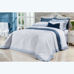 Colcha Premium Branco / Azul Queen Size 400 Fios Egípcio 100% Algodão 3 Peças - 4