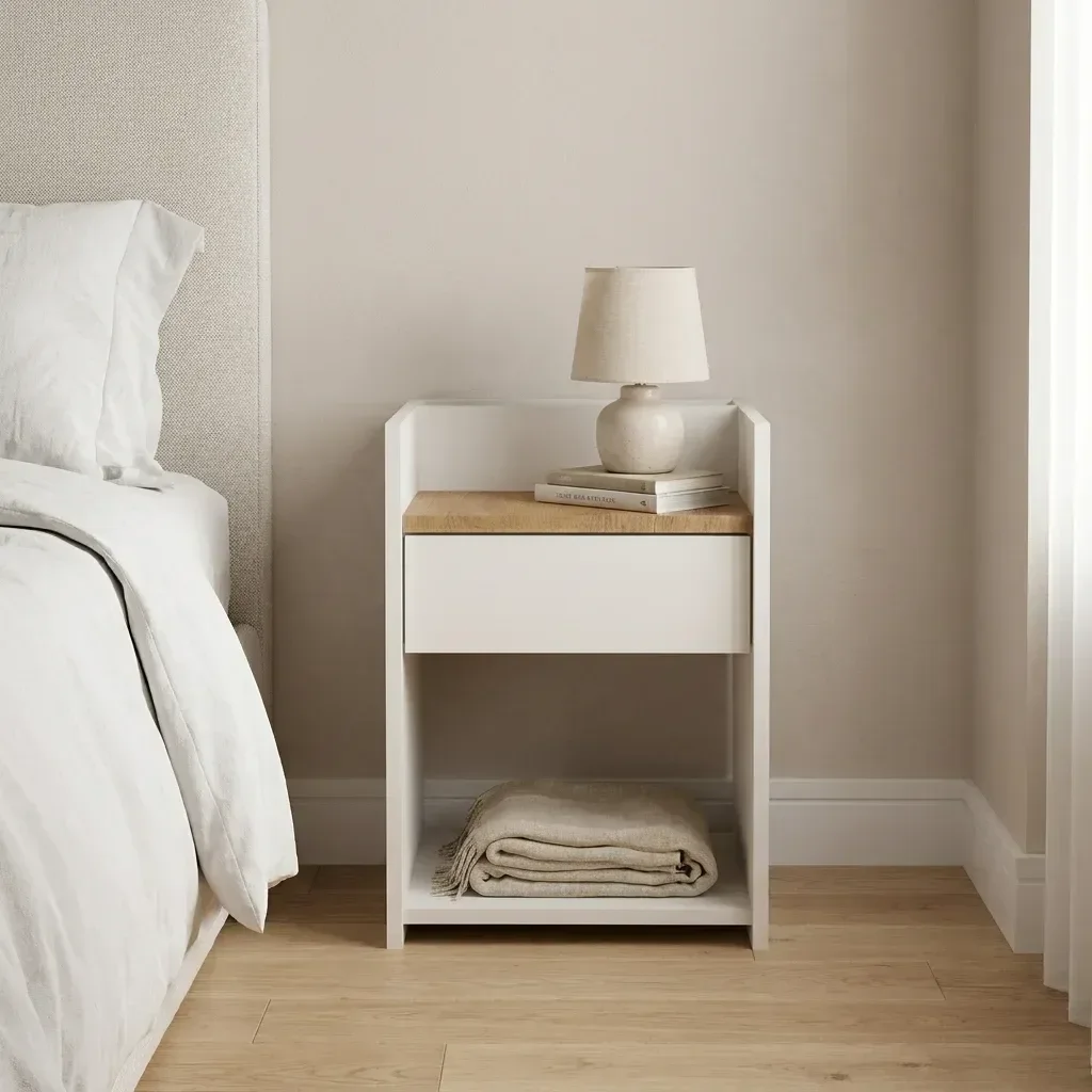 Ver imagem 1 de Mesa de Cabeceira Moderna para Quarto Funcional Organizador Branco E Amadeirado