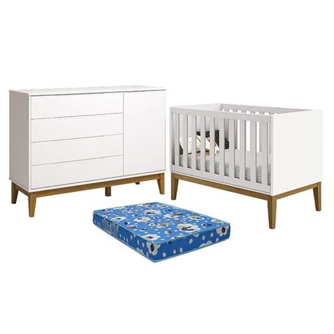 Berço Americano e Cômoda com Porta Classic Elfe Branco Acetinado com Pés Madeira e Colchão