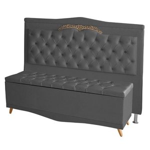 Kit Cabeceira de Cama e Calçadeira Baú Barcelona Capitonê Casal 140 Cm Suede Grafite Casa Móveis