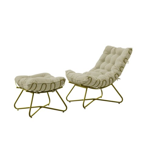 Poltrona Costela com Puff Eva Base Metal Dourado - Veludo Bege