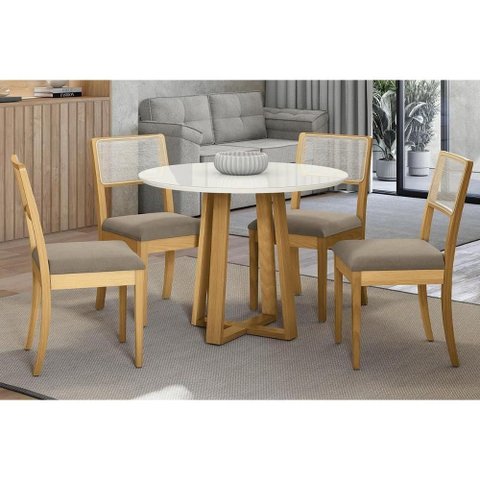 Sala Jantar Mesa Elma Premium Madeira Maciça C/ Tampo Madeirado C/ Vidro 105x105cm e 4 Cadeiras