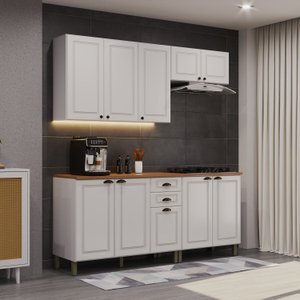 Cozinha Americana Modulada Balcão 120cm com Tampo Aéreo 120cm Balcão 80cm Armário Geladeira Compacta 4 Peças Paris