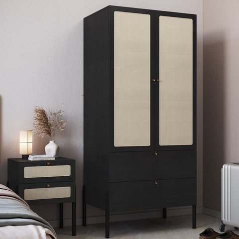 Conjunto Guarda Roupa 2 Portas 2 Gavetas e Mesa de Cabeceira 2 Gavetas Palhinha Pé Madeira Oslo Preto/Nero