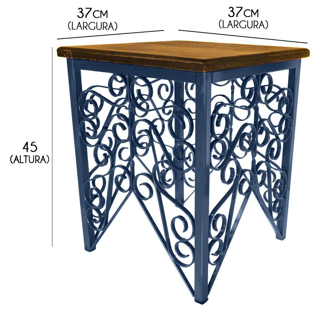 Mesa de Canto para Sala de Ferro Artesanal Rustica Decorativa com Madeira - Azul Royal - 2