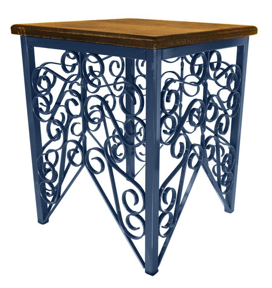 Mesa de Canto para Sala de Ferro Artesanal Rustica Decorativa com Madeira - Azul Royal