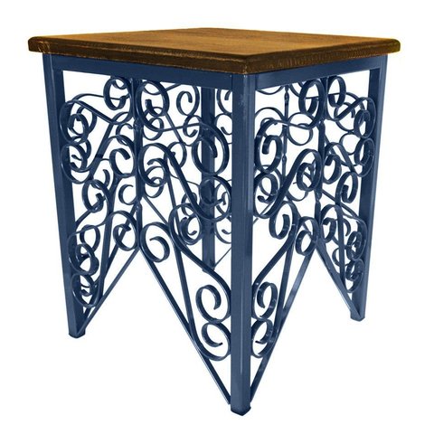 Mesa de Canto para Sala de Ferro Artesanal Rustica Decorativa com Madeira - Azul Royal
