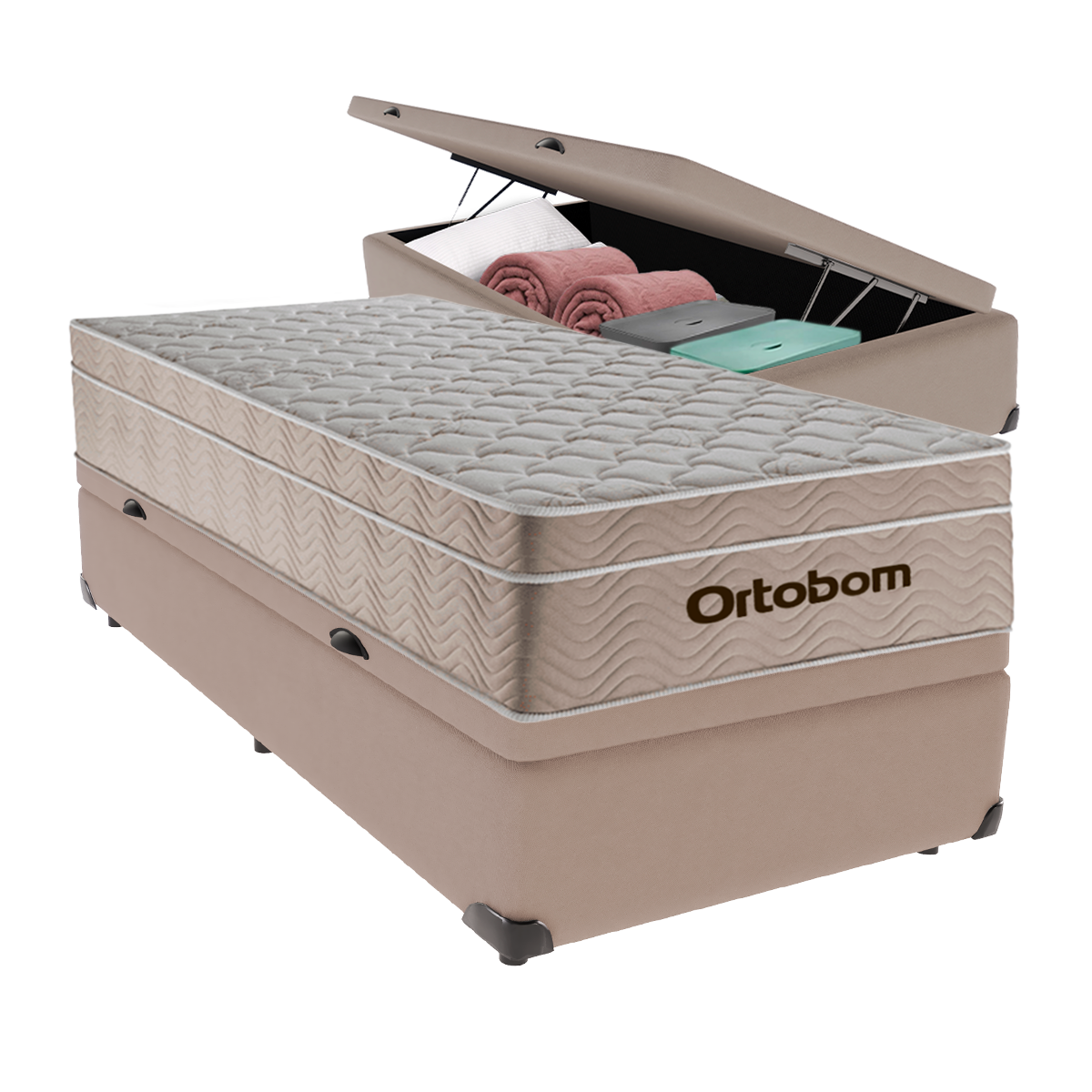 Cama Box Baú Solteiro Bege e Colchão Airtech Springpocket Molas Ensacadas Ortobom