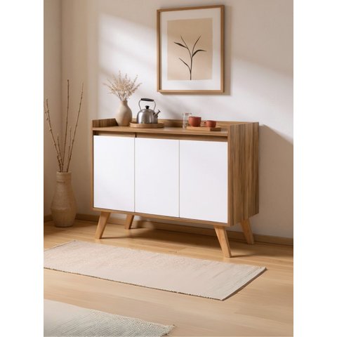 Aparador Buffet 90cm MDF Nogal com Branco Madri - On Móveis