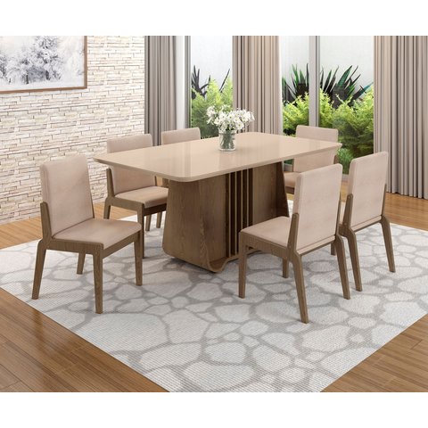 Conjunto Mesa com 6 Cadeiras Harpa Marrom/Carvalho/Fendi