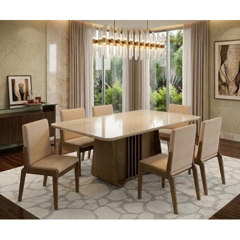 Conjunto Mesa com 6 Cadeiras Harpa Marrom/Carvalho/Fendi
