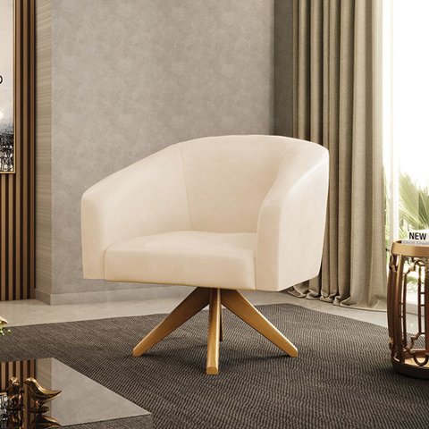 Poltrona Sala Decorativa Stella Base de Madeira Giratória Ma30 Sintético Pu Bege D03 - D’Rossi